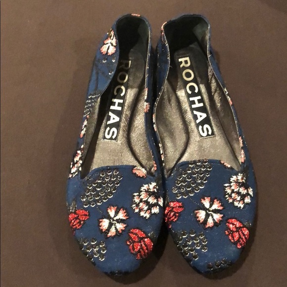 Rochas blue/red/silver Floral Flats Size 8.5 - Picture 1 of 4